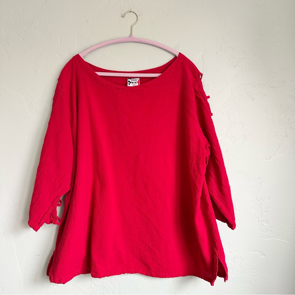 Drawstrings of Malibu Women’s Red Lattice Sleeve Pre-Shrunk Cotton Tunic Top 3XL